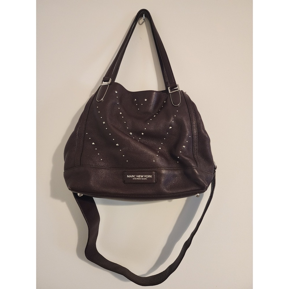 Marc New York Andrew Marc Pebbled Leather Studded Hobo Bag Burgundy Crossbody